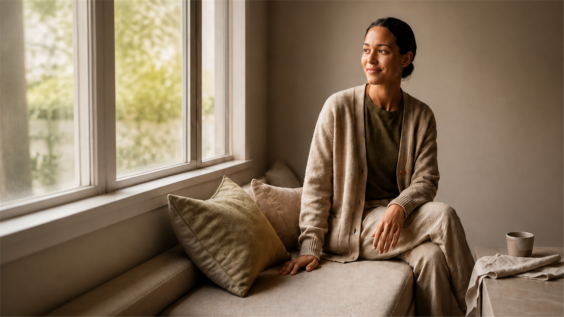 A participant relaxing at home in warm natural light