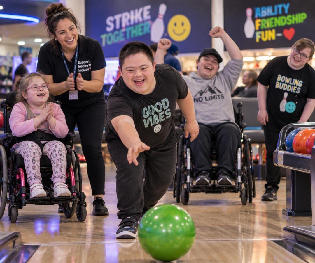 Friends celebrating a strike at the bowling alley