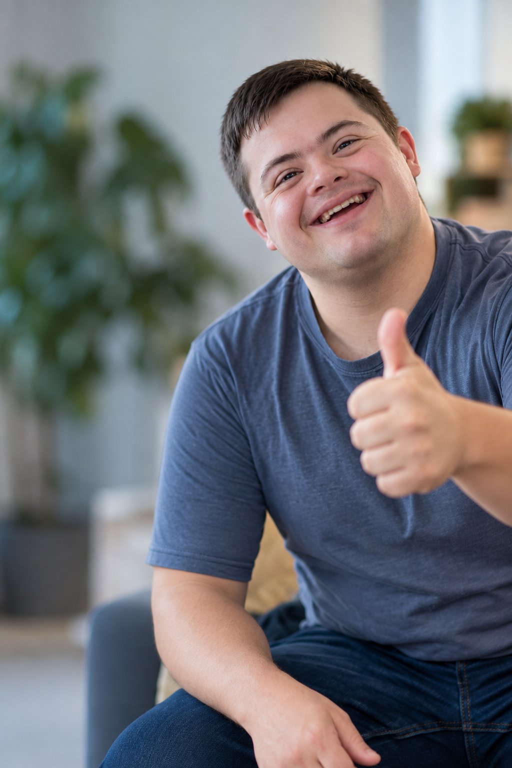 A smiling participant giving a thumbs up at home